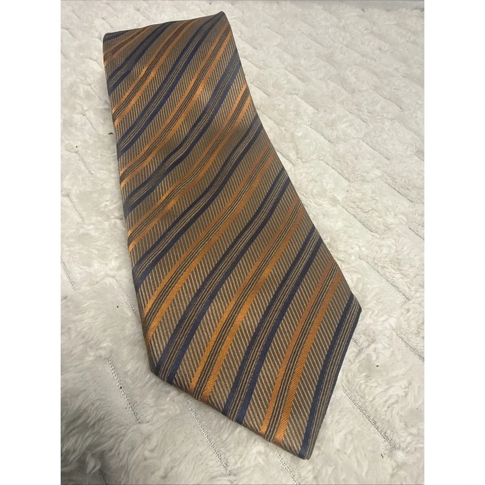 Brioni Designer Tie Diagonal Striped 60 Inches Long 84% Silk Bronze Navy Gold